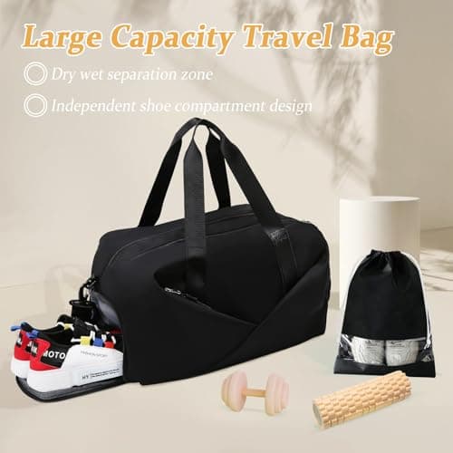 GLGHMH Sports Gym Bag, Portable Large Duffel Totes with 2pcs Shoes Compartments, Lightweight Overnight Weekend Bags for Sport Yoga Travel Swimming (Black) — view 2