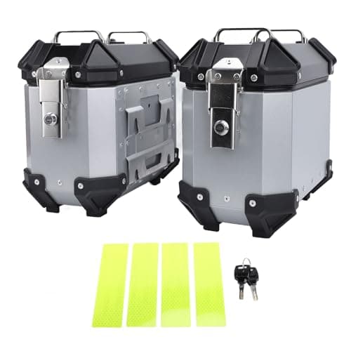 Oreilet Pair Motorcycle Side Case, Aluminium Alloy Motorbike Hard Side Saddlebag Box with Safety Lock and Handle, Motorcycle Storage Carrier Case Luggage Panniers (Silver)