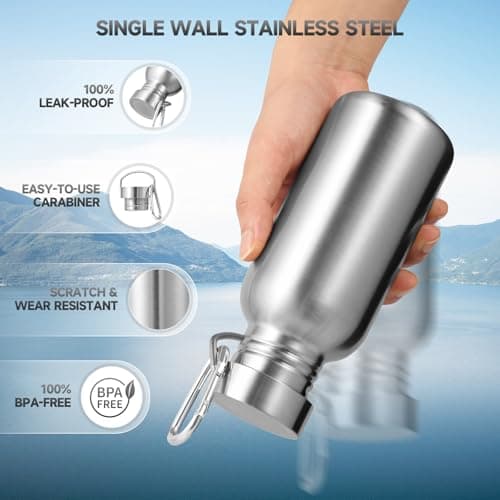 Volhoply 500ml Uninsulated Single Walled Water Bottles 2 Pack, Stainless Steel Sports Water Bottle with Handle & Carabiner, BPA Free Reusable Water Flask for Camping Hiking Biking (Silver,2) — view 5