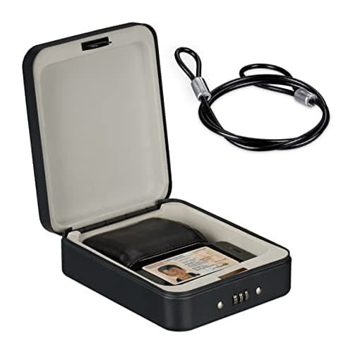 Relaxdays Security Box, Combination Lock, Portable, Security Cable, Car Safe, H x W x D: 6 x 16 x 20 cm, Steel, Black