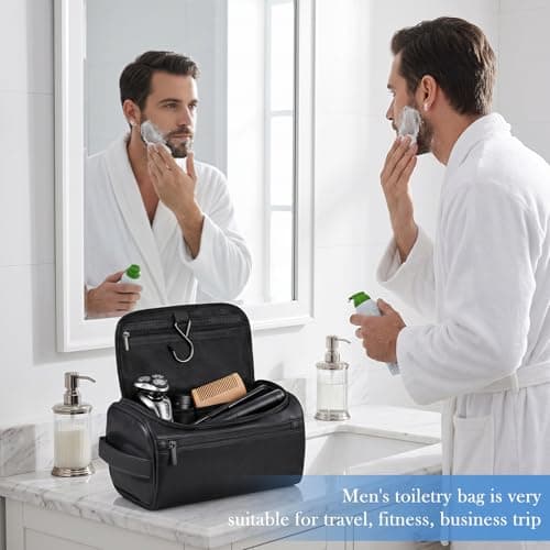 Zocipro Leather Toiletry Bag for Men, Black PU Artificial Leather Wash Bag for Travel, Gym & Shaving, Dry & Wet Separation with 3 Compartments - Perfect Men's Hanging Washbag with Shoe Bag — view 2