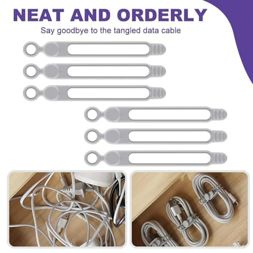 Silicone Cable Organiser Straps, 6pcs Reusable Elastic Cable Ties for USB Cables, Phone Chargers, Earphones & Wires, Multi-Colour Cord Management Wraps for Home Office Travel (White) — view 3