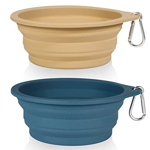 SLSON 2 Pack Dog Collapsible Bowl Large Portable Dog Bowl Pet Feeding Bowl Dog Food Water Bowl Pet Travel Bowl with Carabiner for Pet Indoor and Outdoor Activity (Navy + Khaki)