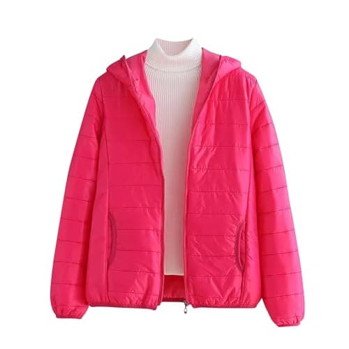 Mrat Women's Lightweight Puffer Jacket, Warm Packable Quilted Down Coat with Hood, Transitional Padded Winter Jacket for Ladies, Pockets, Windproof Outdoor Zip Up Jackets,Solid Ski Hiking Travel M-3XL