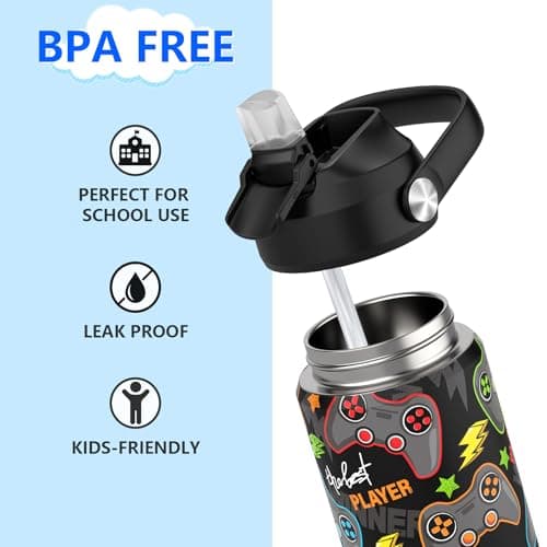 Ntswasd Boys Insulated Water Bottle with Straw,350 Ml Kids Cups with Stainless Steel Leak Proof for School Daycare(Game) — view 3