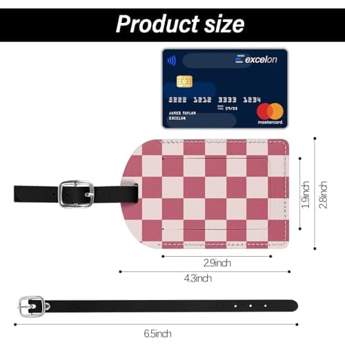 BHAHB 2 Pack Luggage Tag Luggage Tags PU Leather Suitcase Tags Aesthetic Cute Travel Bag Labels for Women Girls (P12-Pink Checkered) — view 2