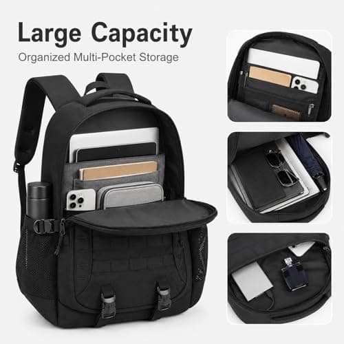 GOOGO Tactical Backpack for Men, 45L Large Capacity Hiking Backpack with Multiple Compartments, Waterproof Outdoor Rucksack for Camping, Travel, Sports and Fishing (Black) — view 2