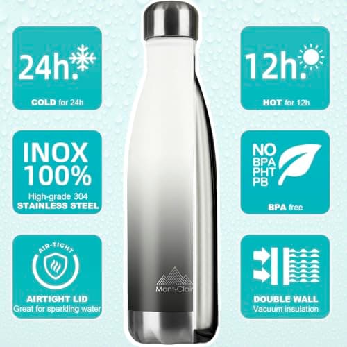 Mont-Clair H2O Stainless Steel Water Bottle, Vacuum Insulated - BPA Free, 12h Hot & 24h Cold Drinks, Metal Water Bottle 500ML Leakproof, Ideal for Adult, Kids, Running - Gradient White/Grey — view 2