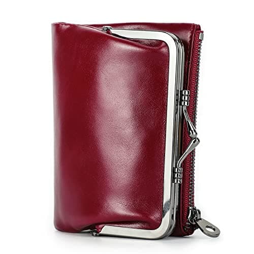 CONTACTS Womens RFID Wallet with Kiss Lock,Genuine Leather Ladies Compact Bifold Coin Purse with Zip Pocket Vintage,Credit Card Holder Small Clutch with ID Window Red