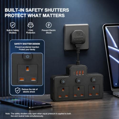 Multi Plug Extension, Short Extension Lead, 3 Way 4 USB Plug Adapter — view 5