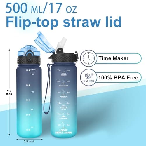 GOPPUS 500ml/17oz Kids Water Bottles with Straw Tritan Childrens Bottle with Flip Top Lid BPA Free Measured Drinks Bottle with Strap Sports Reusable Time Markings Leakproof (Gray Blue) — view 5
