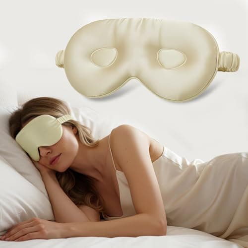 Beige 3D Contoured Silk Sleep Mask, Luxurious Smooth Eye Cover with Elastic Adjustable Strap, Breathable Cooling Light Blocking Blindfold for Men Women, Portable Eye Mask for Work Travel Night Sleep — view 2