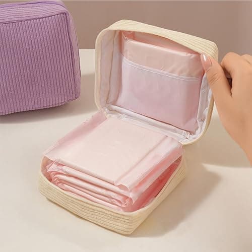 Period Bag, Corduroy Sanitary Napkin Storage Bag, Sanitary Napkin Portable Bag, Period Starter Kit for Young Girls, School Office Storage Sanitary Products (Purple) — view 3