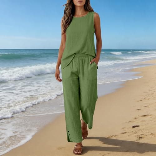 Bronze Womens Linen Loungewear Sleeveless Top & Wide Leg Elastic Waist Pants 2 Piece Lounge Wear Sets Solid Colour Loose Fit Ladies Travel Tracksuit Light Everyday Wear Size 12 — view 2