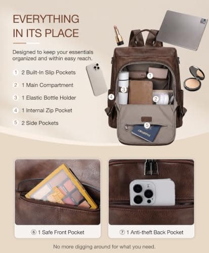 VX VONXURY Anti-Theft Backpack for Women Fashion PU Leather Backpack Purse With Detachable Shoulder Strap Vintage Handbag for Daily Work Travel — view 5