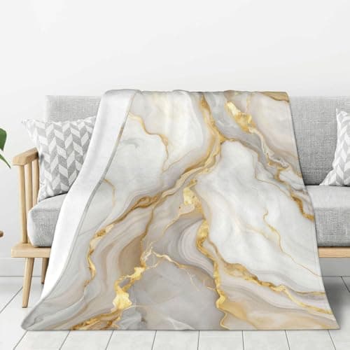 Oplp White Gold Marble Throw Blanket for Bed Sofa Couch Gold Veins Fleece Blankets Lightweight Soft Cozy 80"x60"