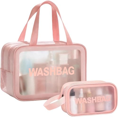 2 PCS Clear Toiletry Bag, Wet Dry Separation Wash Bag, Clear Ttravel Toiletries Bag, Waterproof Large Capacity Shower Bag, PU Makeup Bag with Handles for Women Girls