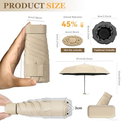 Mini Folding Travel Umbrella, Windproof Strong, UV Protection, 6 Ribs, Pocket Umbrella with Capsule Case for Women, Men, Girls-Beige — view 2
