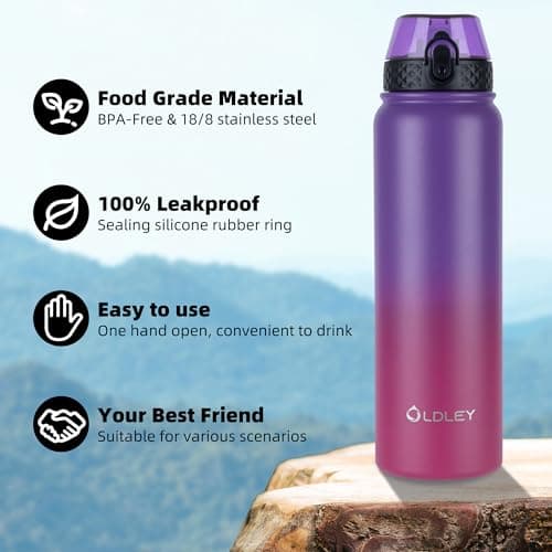 OLDLEY Stainless Steel Water Bottle with Straw 1L Vaccum Insulated Large Drink Flask Metal Water Bottles 1 Litre Leakproof Keeps Hot Cold for Sports Gym Camping Adult Women Men(Purple Rose, 1 Lid) — view 5