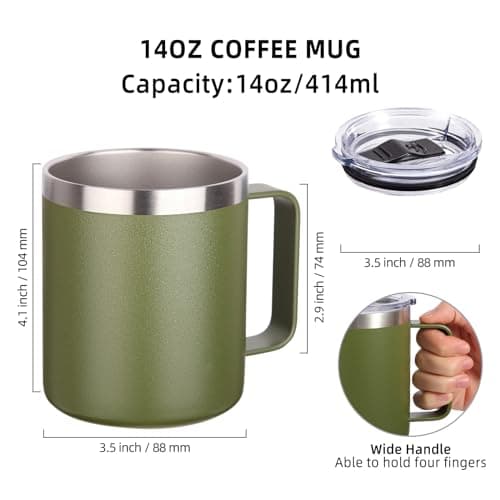 Volhoply 14oz Insulated Stainless Steel Coffee Mug with Leakproof Lid,Double Wall Vacuum Travel Coffee Cup with Handle,Reusable Metal Tumbler,Camping Mugs Keep Hot,Christmas Gifts(Army Green,1) — view 2