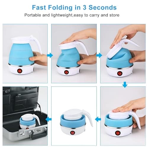 AHDXKUE Foldable Electric Kettle, 600ML Silicone Mini Portable Travel Kettle, Tea Coffee Maker with Separable Power Cord for Outdoor Hiking, Blue — view 3