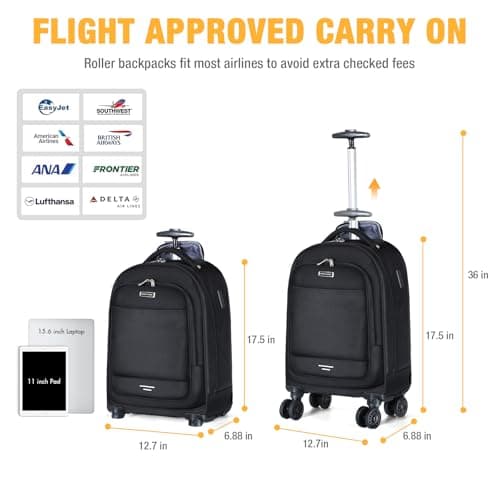 Ponhog Wheeled Backpack - 15.6 Inch Laptop Travel Backpack with 4 Spinner Wheels, Flight Approved Trolley Rucksack for Women & Men, Cabin Approved Carry On Luggage,Black — view 3