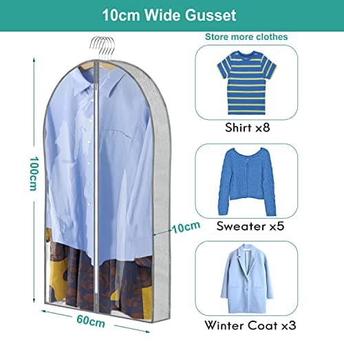 ZSURLUX Garment Bags for Clothes 60 x 100cm 2Pack, Moth Proof Clothes Covers with Zip, Hanging Storage Protector Bags for Wardrobe, Travel, Suitable for Suit, Coat, Jackets, Jumpers,etc. Grey — view 2