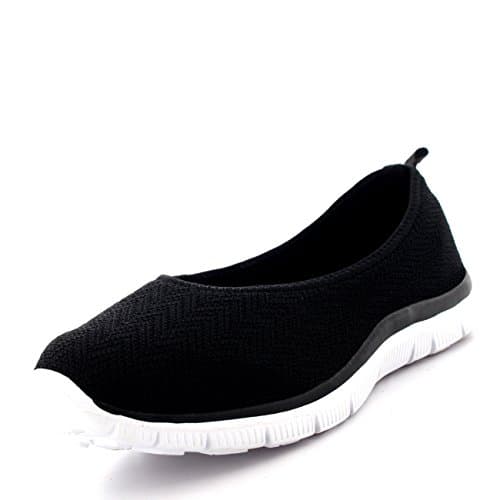 Get Fit Women’s Slip-On Ballerina Trainers - Lightweight Breathable Mesh Walking Shoes with Flexible Sole - Comfortable Casual Sneakers for Fitness, Travel & Everyday Wear - Black/White - UK5/EU38
