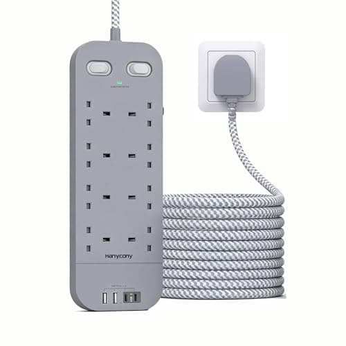 1.8M Extension Lead Grey, 8 Way Power Strip with 2 USB C 2 USB A