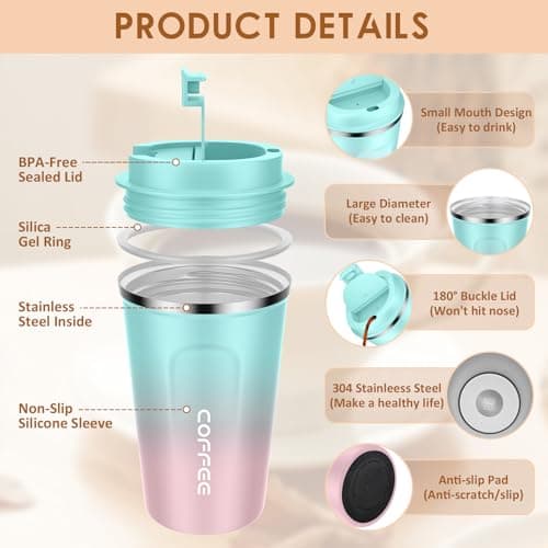 MOMSIV Coffee Cup, 380ml Vacuum Reusable Leakproof Double Wall Coffee Cup, Insulation Stainless Steel Eco-Friendly Travel Office Mug for Hot Coffee Tea and Cold Drinks, Green-Pink — view 3