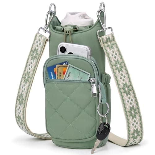 Cosblisvia water bottle holder, small water bottle for handbag, carrier bags With Insulated Pocket Strap For Women Men Students, Walking Travel Gym Beach Commute, Green