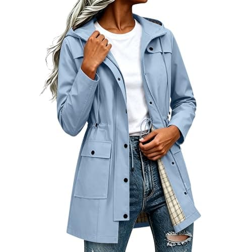 Znwerma waterproof jackets for women uk Waterproof Jacket Lightweight for Women Ladies Windbreaker Rain Coats Full Zip Hooded Long Raincoat Casual Hiking Walking Outwear Light Blue