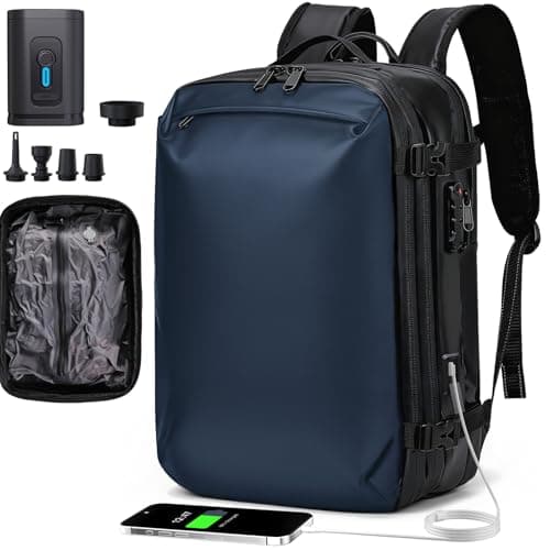 H.yeed Vacuum Backpack Travel Bag with Pump, Expandable 60L Travel Rucksack with USB/Type-C Charging Port&TSA Lock, Waterproof Lightweight Business Laptop Backpack, Fits 17.3 Inch Laptop-Dark Blue