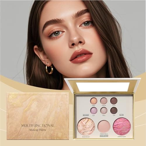 Baked Makeup Set Face Palette 3Pcs All-in-one Starter Make up Kit,Includes Powder Foundation,Bronzer, Blush, Highlighter and 6 Eyeshadows and Brush,Travel Gift Set for Women (Gold 3PCS) — view 6