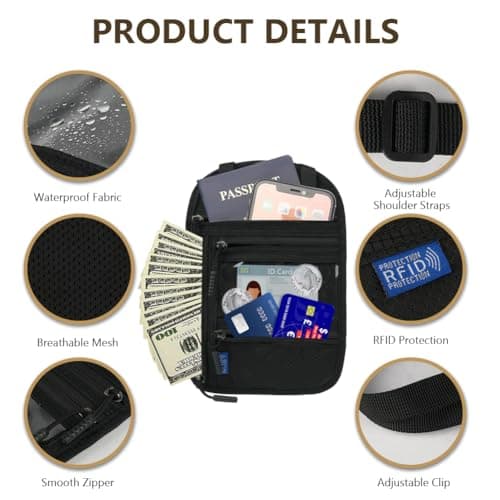 flintronic Travel Neck Wallet, Neck Pouches with RFID Blocking, Passport Holder Pouch with Adjustable Strap, Travel Wallet for Men and Women, Keep Cash Cards Phone Safe — view 4
