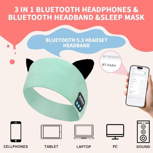 Joythink Kids Bluetooth Headband Headphones Sleep Mask Wireless Earphones Built in Thin Speaker Kids Adjustable Sports Headset for Girls Boys Children Baby Toddler Airplane Travel Study Aqua — view 3