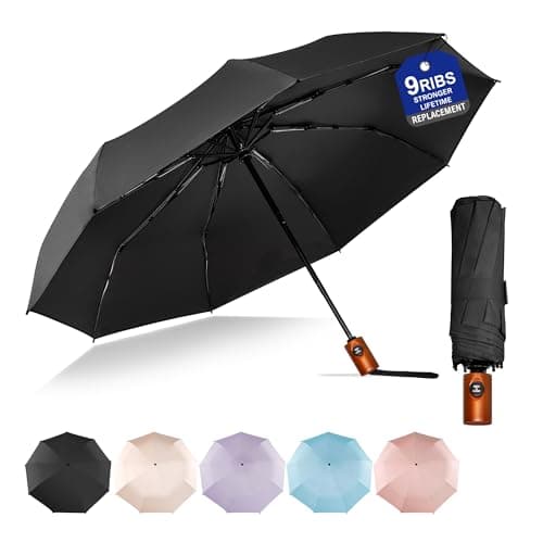 SoulRain Strong Windproof Travel Umbrella with Wooden Handle, Automatic Open Close Compact Folding for Rain & Sun UV Protection, Lightweight Durable Portable for Car, Backpack, Women & Men(Black)