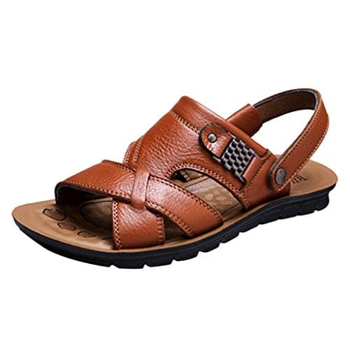YIzdegg Sandals Men's Comfortable Outdoor Sandals Soft Leather Summer Shoes Non-Slip Sandals Open Toe Slippers Arch Support Slippers Casual Shoes Slingback Hiking Sandals Sports Sandals, khaki, 8 UK