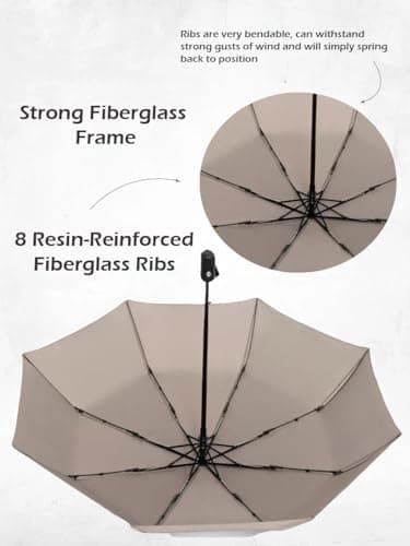 UK-UNIQUE Windproof Travel Umbrella - Compact, Light, Automatic, Strong and Portable - Wind Resistant, Small Folding Backpack Umbrella for Rain - Men and Women (Light Grey) — view 3