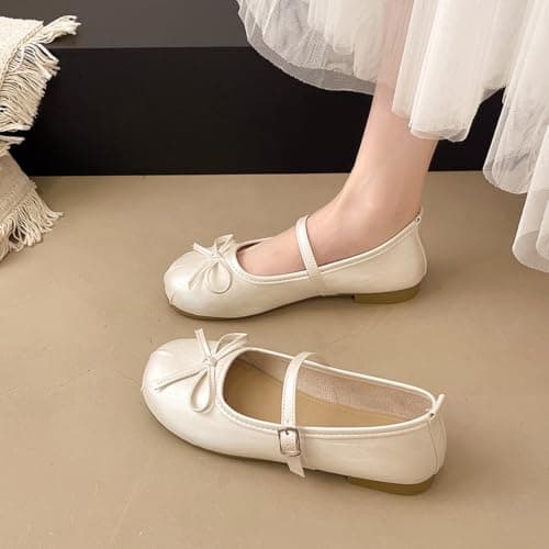 UK 4 Ballet Flats for Women Closed Round Toe Low Heel Mary Jane Flats with Bow Buckle Strap Shinny Daily Comfy Flat Dress Shoes Cream — view 5