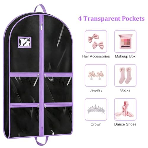 COEWUR Clothes Covers, 2Pack 40 inch Waterproof Hanging Costume Garment Bags with 4 Clear Zipper Pockets and Id Slot Pockets, Foldable Dance Costume Bag for Dancers Travel Competitions (Purple) — view 6