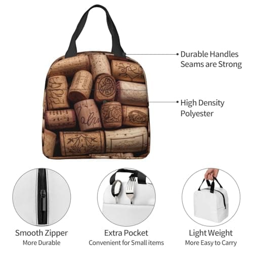 MKNAZ Wine Cork Printed Insulated Lunch Tote Bag with Aluminum Foil Lining - Portable Thermal Cooler Bag Lunch Box Organizer for Travel Work Picnics Scool — view 5