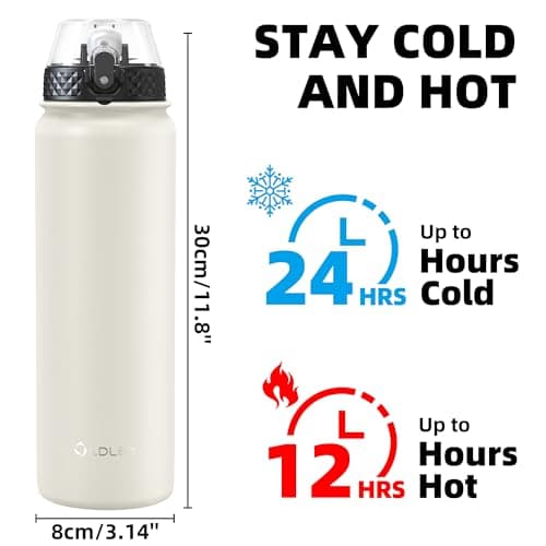 OLDLEY Stainless Steel Water Bottle with Straw 1L Vaccum Insulated Large Drink Flask Metal Water Bottles 1 Litre Leakproof Keep Drinks Hot Cold for Bike Sports Gym Adult Women Men(Cream, 1 Lid) — view 4
