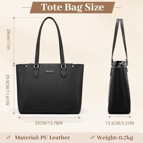 RAINSMORE Handbag for Women Laptop Bag 14 Inch Ladies Large Tote Bag with Zipper Pocket Waterproof PU Leather for Office Business Shopping Travel Black — view 5