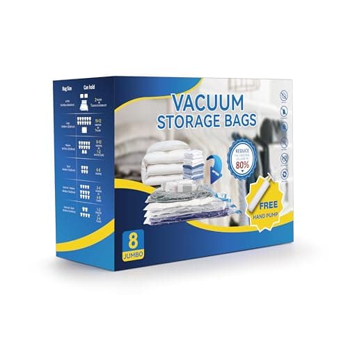 Vacuum Storage Bags for Clothes, Bedding, Duvets and Blankets, Heavy-Duty Space Saver Compression Bags with Airtight Double-Zip Seal, Leak-Proof Reusable Design, Hand Pump Included (8 Jumbo-100x70cm) — view 2