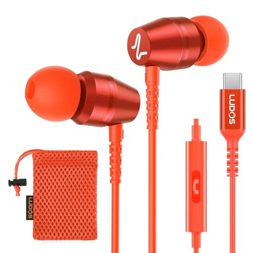 Ludos OMNITONE USB C Headphones, 5 Years Warranty, USB-C Earbuds for iPhone 16 15 Pro Max Plus Samsung Galaxy S24 S23 Ultra S22 S21 FE S20 Z Flip 3 Fold 4 A53 A54, USB Type C Earphones - Coral