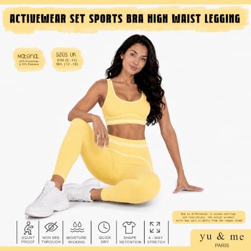 Yu & Me PARIS Womens Gym Set 2 Piece Activewear Sports Padded Bra & High Waist Leggings Tummy Control Workout Yoga Fitness Co Ord Set Size (Yellow, L/XL, 14-16) — view 6