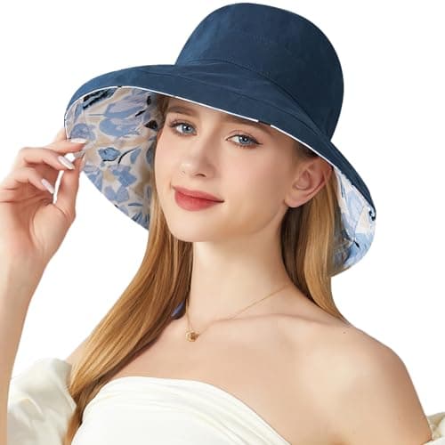 Wide Brim Women Sun Hat Summer Beach Bucket Fishing Hats Metal Wired Edge Packable UV Protection for Hiking Garden Travel, M2835-navy, One Size