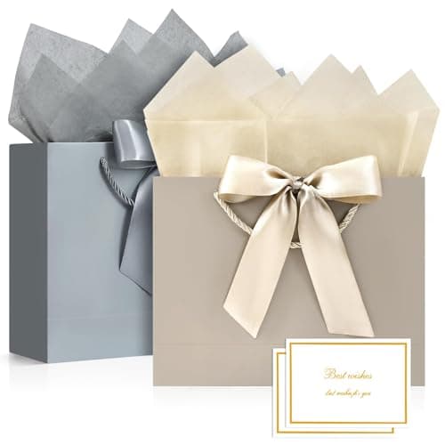BBLIKE Medium Gift Bags for Present - 2 Pcs Birthday Gift Bag with 4 Wrappers and 2 Cards, Luxury Paper Bags with Handles for Girls Boys Wedding Party Christmas Valentines Bridesmaid (Brown Silver)