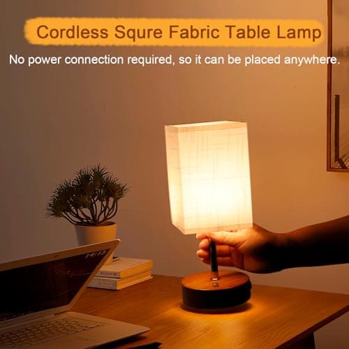 6000mAh Bedside Lamps, 10.8" Touch Control Rechargeable Table Lamp with Wood Grained Base & Fabric Lampshade, Dimmable Minimalist Wireless Battery Lamp for Living Room Bedroom Office Decor (1) — view 5